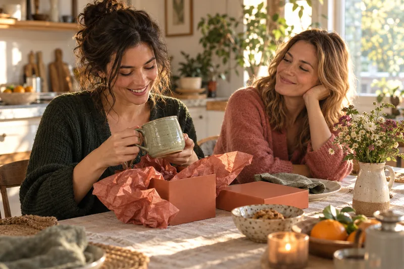 Two friends sharing a thoughtful gift: a green ceramic mug.