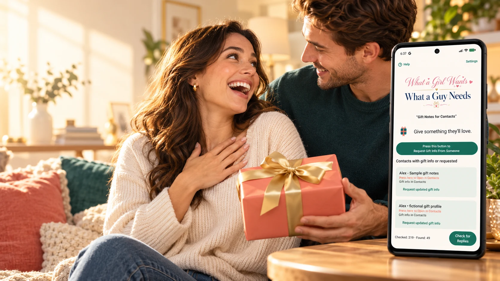 A delighted woman receiving a gift from her partner, beside a phone showing Gift Notes for Contacts.